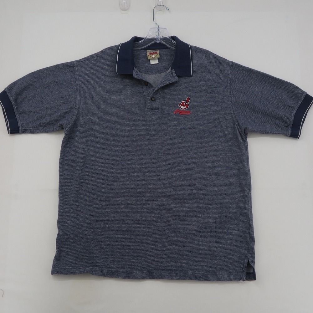 Cleveland Indians MLB Polo Shirt Navy Blue Chief Wahoo Logo Mens Large Vintage